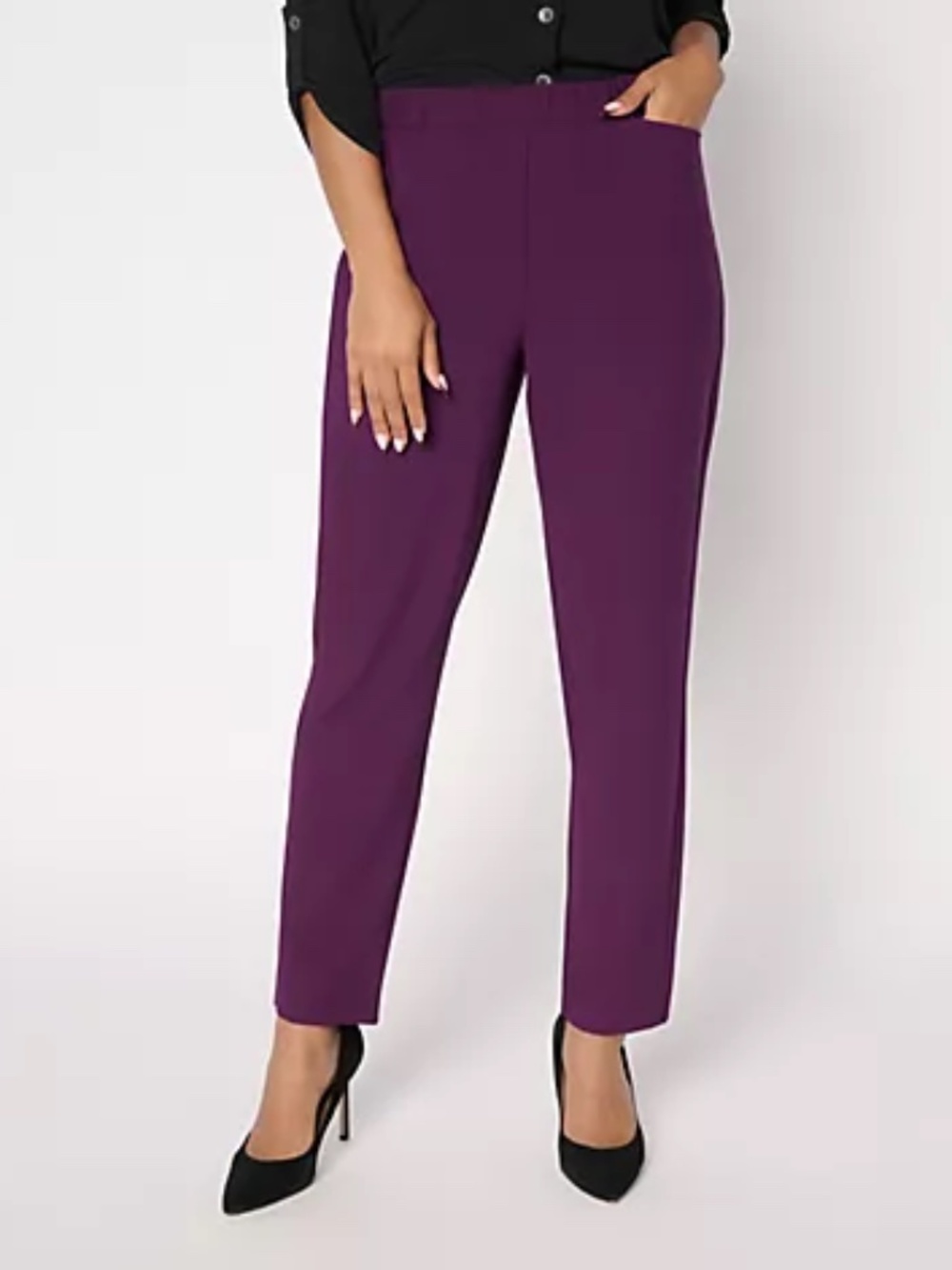 Susan Graver Petite Bi-Stretch Pull-On Slim Leg Ankle Pants, Plum Sz 2XP a729955